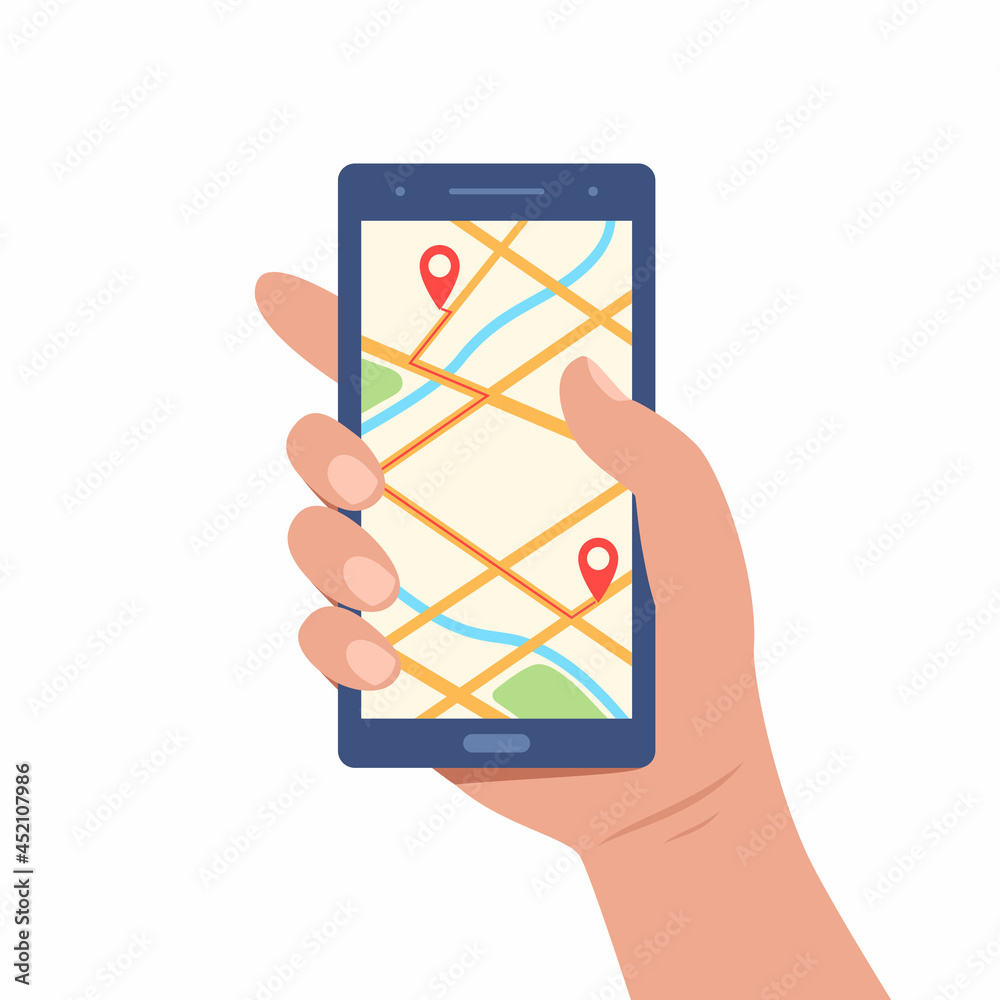 Poster cellphone with map on screen in human hand. city map navigation app with map and location pin. mobil