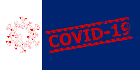 Mesh African coronavirus polygonal icon vector illustration, and red COVID-19 rubber print. Model is created from African coronavirus flat icon, with stars and triangular mesh.