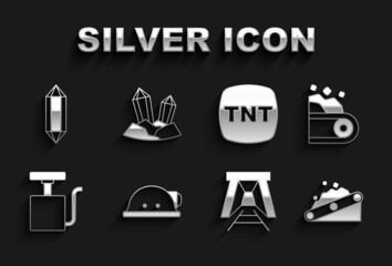 Set Miner helmet, Conveyor belt carrying coal, entrance, Handle detonator, Dynamite, Gem stone and icon. Vector