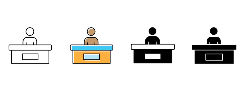 front office receptionist icon vector set. security desk checking illustration. people working behind desk icon illustration for website.