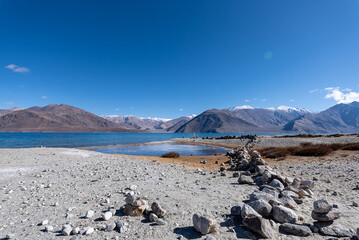 Pangong Tso, Tibetan for "high grassland lake", also referred to as Pangong Lake, is an endorheic lake in the Himalayas situated at a height of about 4,350 m. at Leh Ladakh, Jammu and Kashmir, India.