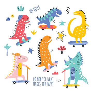Cute funny kids skater dinosaurs vector set. Colorful dinosaurs vector background. Creative kids texture for fabric, wrapping, textile, wallpaper, apparel. Vector illustration