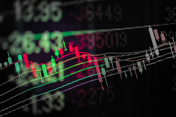 Stock market trend or Forex trading graph chart for financial planning as concept. Double exposure of digital number and price quote to do stock analysis with many indicators.