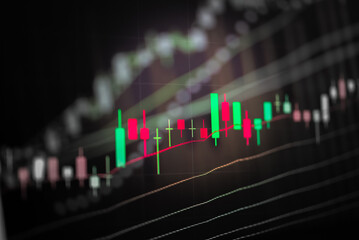 Stock market trend or Forex trading graph chart for financial planning as concept. Double exposure of digital number and price quote to do stock analysis with many indicators.