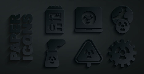 Set Triangle with radiation, Planet earth and, Nuclear power plant, Radioactive, laptop and Dosimeter icon. Vector