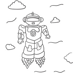 Flying Robot design Coloring books for children and adults. Hand-drawn Black and white vector illustration.