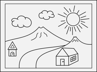 2 mountain and home. Black and white vector illustration for coloring book