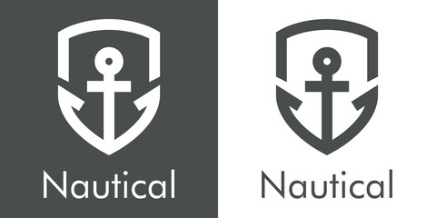 Logotipo con texto Nautical y ancla de barco con forma de escudo con lineas en fondo gris y fondo banco