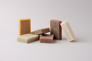 Soap on grey background. Close up, copy space