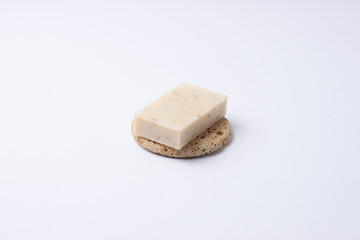 Soap on grey background. Close up, copy space