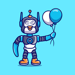 cute penguin robot holding balloon