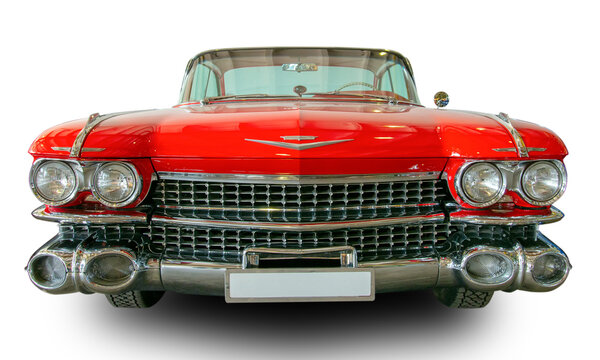 Classical American Vintage car Cadillac Coupe Fleetwood 1959. Front view. White background.