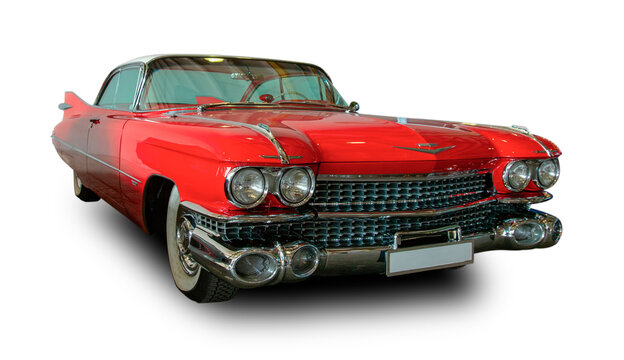 Classical American Vintage car Cadillac Coupe Fleetwood 1959. White background.