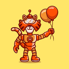 cute tiger wearing robot armor holding balloon