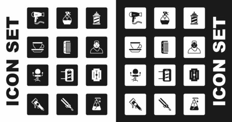 Set Barber shop pole, Hairbrush, Coffee cup, dryer, Client in barbershop, Hairdresser pistol spray bottle, Blade razor and Barbershop chair icon. Vector