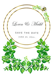 Wedding invitation template with green watercolor eucalyptus leaves pink flowers  and gold frame on white background. A spring card, an invitation floral greenery card. Hand drawn illustration.