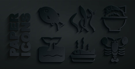 Set Served fish on a plate, bowl, Whale tail in ocean wave, Lobster, Seaweed and Tropical icon. Vector