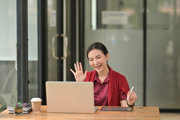 The working woman who video call talk to customer.