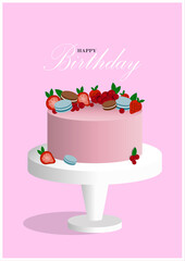 Pink cake on a pink background with berries, macaroons, green leaves. Birthday card. A scraping postcard. Cake on a white stand in a pastry shop