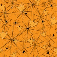 vector pattern spider web with spiders and scary ghosts on orange background for halloween holiday, spooky pattern for print on fabric