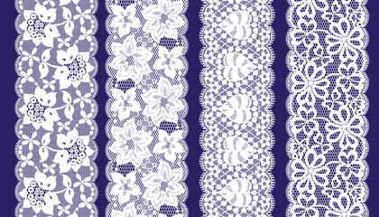 Set Of Lace Trim Vectors. Jacquard Mesh Lace Fabric.