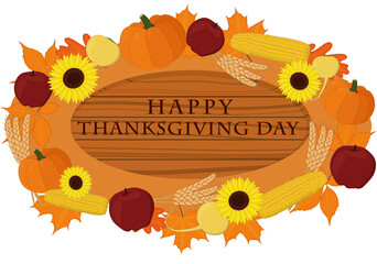 Happy thanksgiving day wooden signboard decorated with vegetables vector illustration