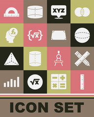 Set Ruler, Crossed ruler and pencil, Geometric figure Sphere, XYZ Coordinate system, Square root of x glyph, Function mathematical symbol, Protractor and Acute trapezoid shape icon. Vector
