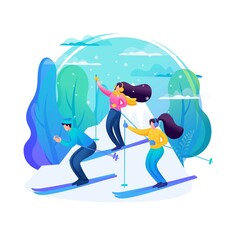 Friends go skiing in the mountains, spend winter holidays. Christmas holidays. 2D characters. Vector Illustration