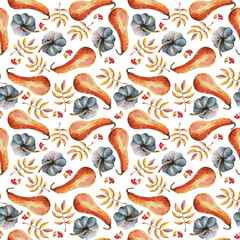 Watercolor fall seamless pattern. Pumpkins