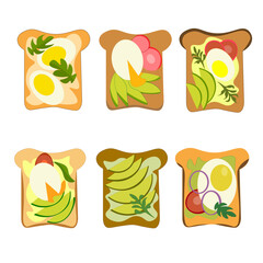 set of delicious sandwiches with egg, avocado and greens in a vector illustration design, top view. Breakfast food.  sandwich with bread.