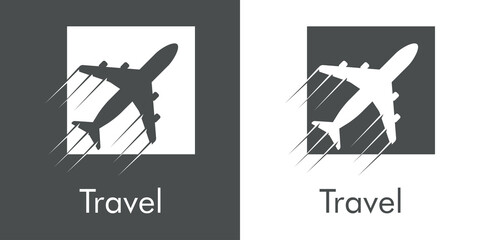 Logotipo con texto Travel y silueta de avión con trayectoria en cuadrado con lineas en fondo gris y fondo blanco
