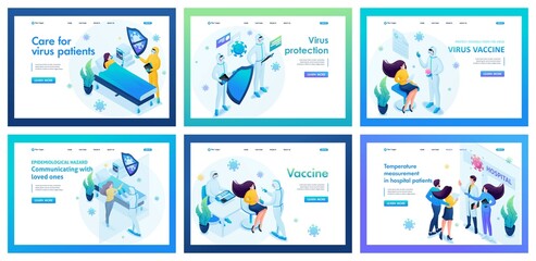 Obraz na płótnie Canvas Collection of landing pages. Work of medical personnel during the epidemic, patient care, examination of patients, patients are in the wards. Isometric characters