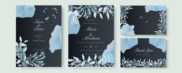 Wedding invitation card template set with blue white flower bouquet wreath leave watercolor painting. Blue watercolor wedding invitation card template set with gold glitter and line decoration.
