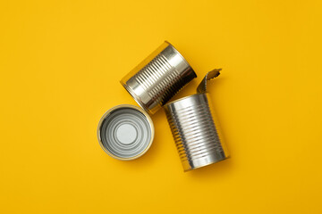 Fototapeta na wymiar Metal tins, cans and jars for recycling. Aluminum metal food and drink sorted scraps. Steel packaging. Zero waste and recycle of domestic waste at home concept. No pollution.