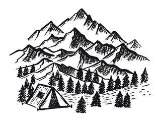 Mountain landscape, vector illustration, sketch style.