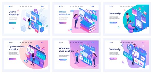 Collection of landing pages. Men and women use Mobile apps. Buying clothes, online training, creating web design. Isometric characters