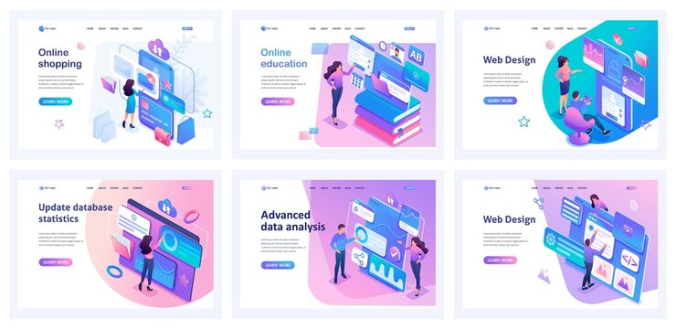 Collection of landing pages. Men and women use Mobile apps. Buying clothes, online training, creating web design. Isometric characters