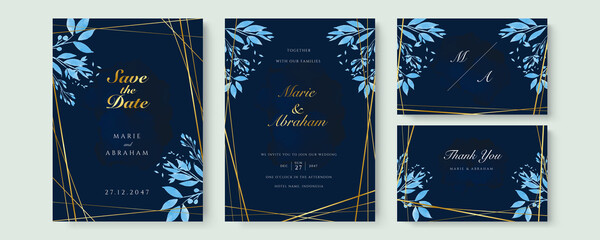Wedding invitation card template set with blue white flower bouquet wreath leave watercolor painting. Blue watercolor wedding invitation card template set with gold glitter and line decoration.
