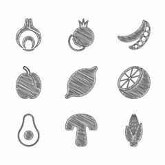 Set Lemon, Mushroom, Corn, Orange fruit, Avocado, Plum, Green peas and Onion icon. Vector