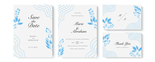 Set of wedding invitation card with blue watercolor flower and leaves