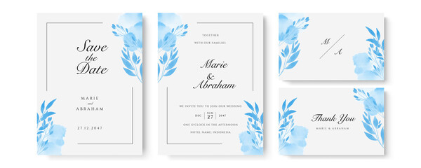 Set of wedding invitation card with blue watercolor flower and leaves