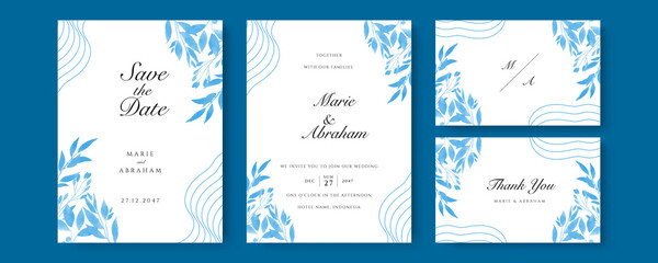 Fototapeta na wymiar Set of wedding invitation card with blue watercolor flower and leaves
