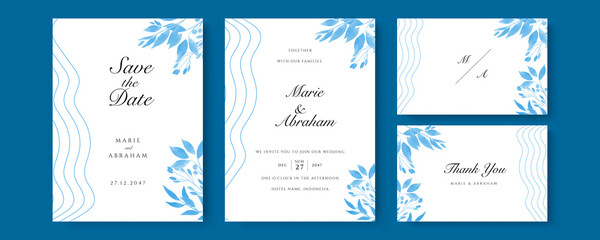 Fototapeta na wymiar Set of wedding invitation card with blue watercolor flower and leaves