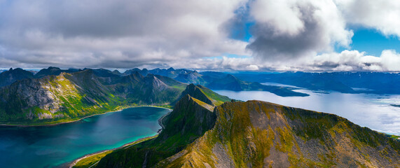Aerial panorama of the Husfjellet Mountain on Senja Island in northern Norway © Nick Fox