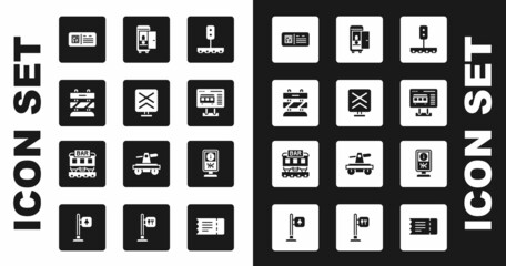 Set Train traffic light, Railroad crossing, End of railway tracks, QR code ticket train, Ticket office to buy tickets, Toilet the car, Information stand and Restaurant icon. Vector