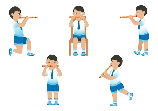 Set of images of a boy playing the flute. Cartoon style. Vector.