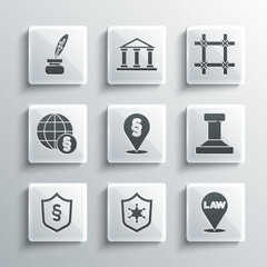 Set Police badge, Location law, Stamp, Justice in shield, International, Feather and inkwell and Prison window icon. Vector