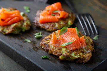 Zucchini pancakes with smoked salmon