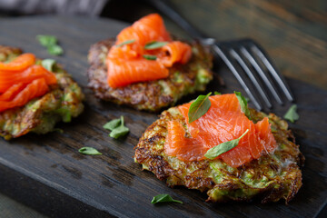 Zucchini pancakes with smoked salmon
