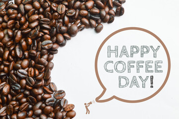 Coffee bean brown roasted with text HAPPY COFFEE DAY!